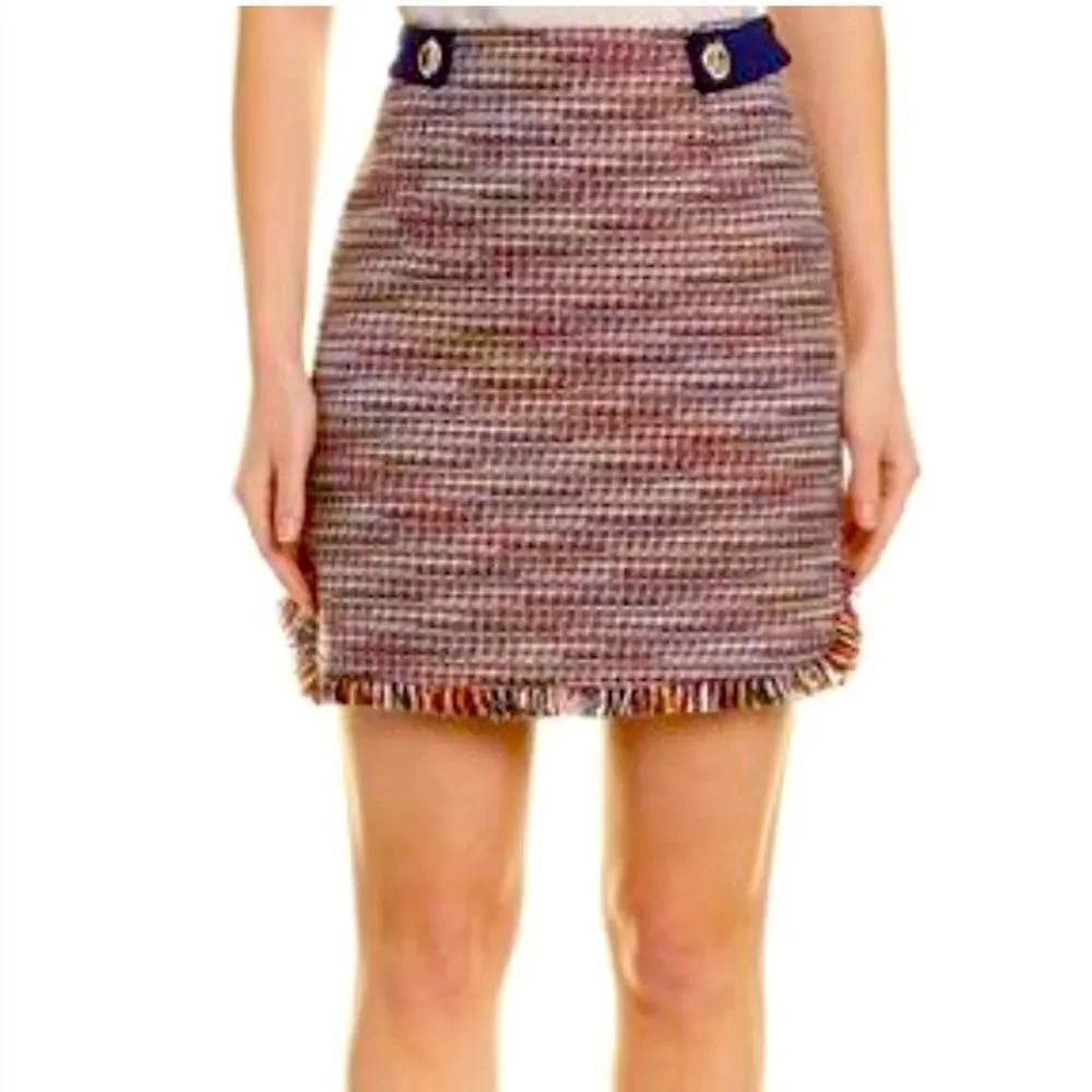 Laundry by Shelli Segal Navy Blue Colorful Woven Tweed Fringe Hem Mini Skirt